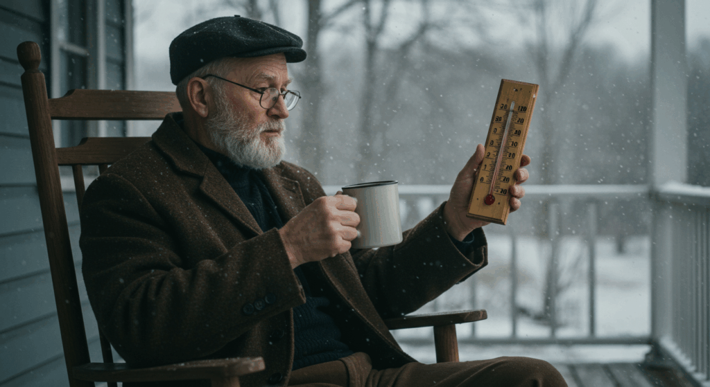  “An elderly man in a rocking chair on a wooden porch in winter, holding a warm mug, looking at a vintage wooden thermometer. Snow falling softly, early morning light, nostalgic 1940s small-town America atmosphere. Cinematic, realistic, soft tones.”
