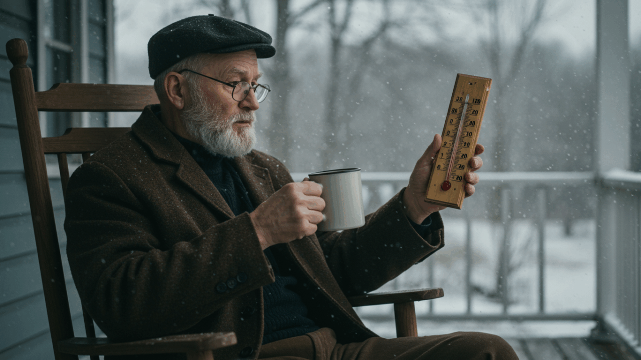 “An elderly man in a rocking chair on a wooden porch in winter, holding a warm mug, looking at a vintage wooden thermometer. Snow falling softly, early morning light, nostalgic 1940s small-town America atmosphere. Cinematic, realistic, soft tones.”
