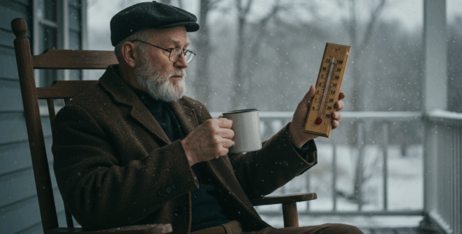 “An elderly man in a rocking chair on a wooden porch in winter, holding a warm mug, looking at a vintage wooden thermometer. Snow falling softly, early morning light, nostalgic 1940s small-town America atmosphere. Cinematic, realistic, soft tones.”
