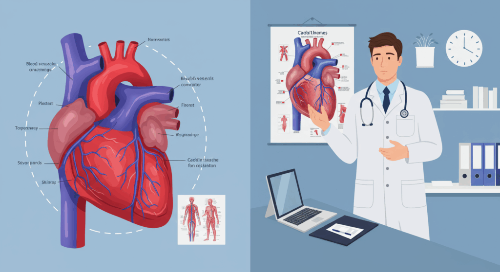 Prompt:
 “Split-screen: left side shows blood vessels constricting in cold weather (medical illustration, red-blue veins tightening), right side shows a cardiologist in a white coat explaining in a cozy clinic, with an anatomical heart chart behind. Clean, infographic style.”

