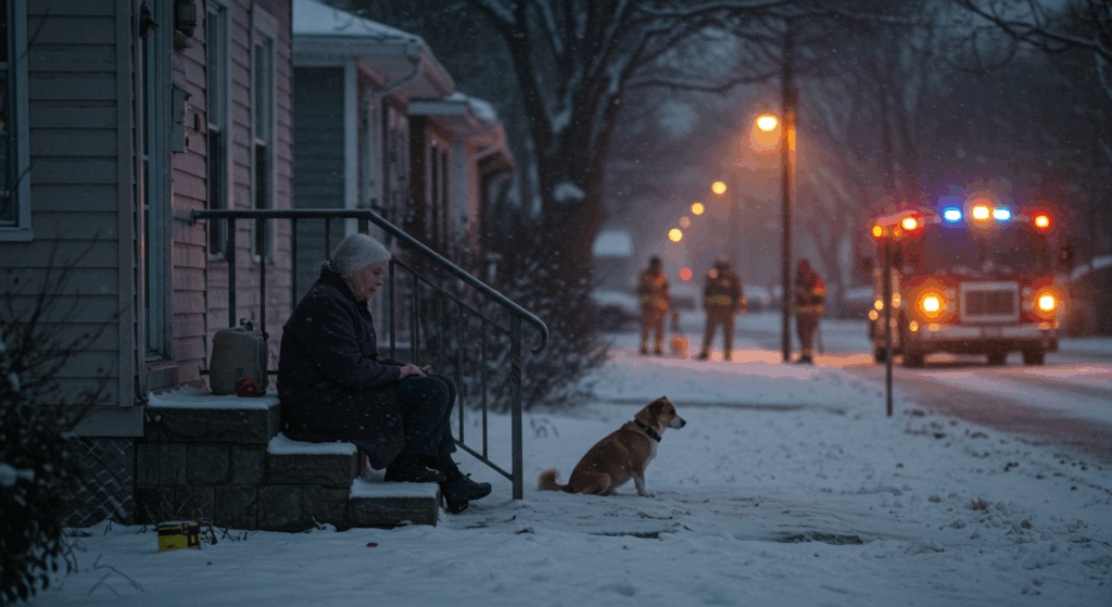 Prompt:
 “A snowy suburban street at dawn, with an elderly woman collapsed on her front steps, a small dog sitting beside her. Subtle emotion, respectful tone, emergency responders in the background. Realistic, cinematic, muted cold tones.”
