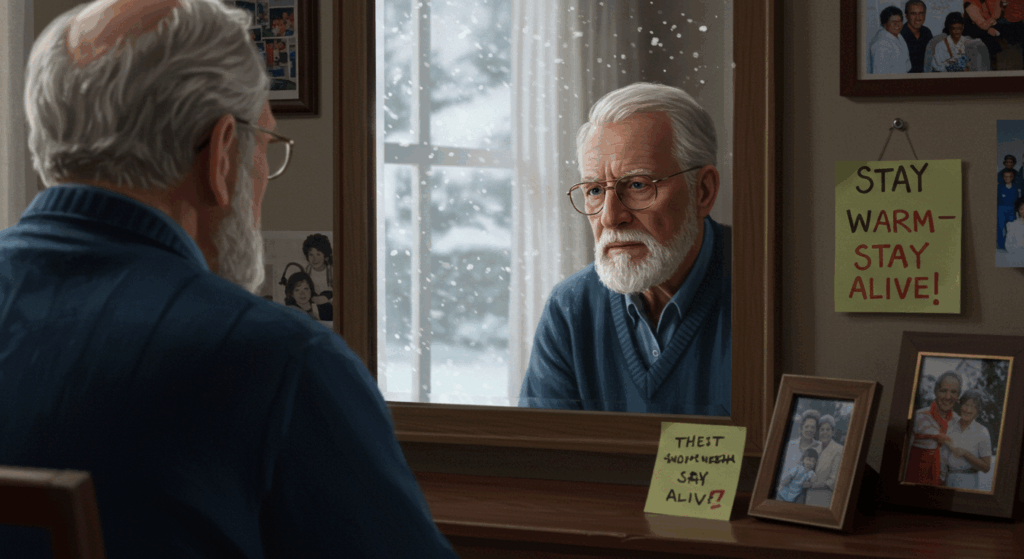 Prompt:
 “Elderly man looking at himself in a mirror on a quiet winter morning, soft lighting from a snowy window, calm expression of reflection and wisdom. The background shows family photos and a ‘Stay Warm – Stay Alive’ note. Emotional realism, warm tones.”

