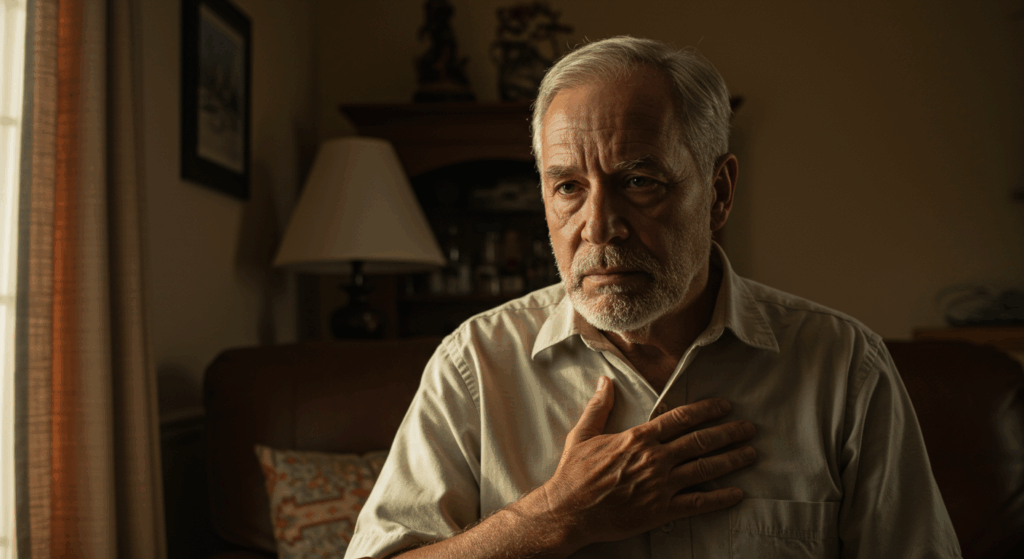 Prompt ảnh:
 “76-year-old American man sitting by a window with tired eyes, hand gently on chest, soft morning light, peaceful but concerned facial expression, cozy home interior”
