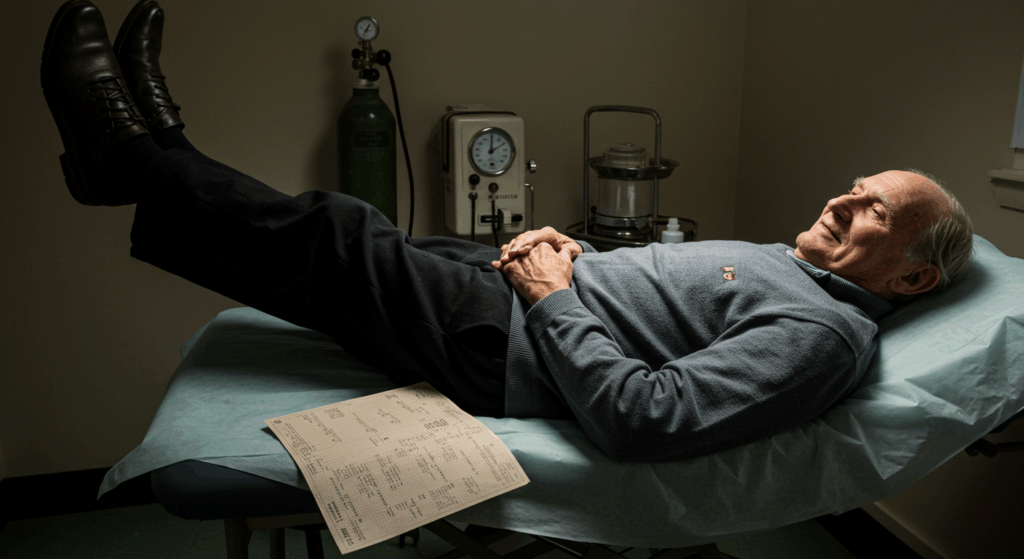 Prompt ảnh:
 “Elderly man on doctor’s exam table, legs lifted at 45 degrees, medical chart beside him, vintage diagnostic style, subtle hospital equipment in background, dim lighting”
