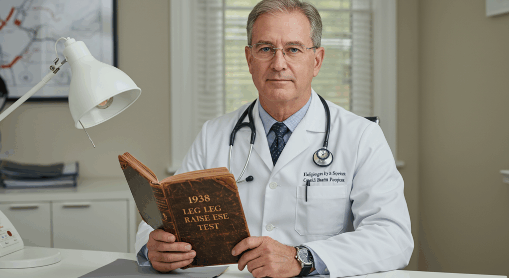 Prompt ảnh:
 “Professional cardiologist in white coat holding vintage medical book titled ‘1938 Leg Raise Test’, behind desk, stethoscope visible, respectful and credible expression, soft clinical lighting”
