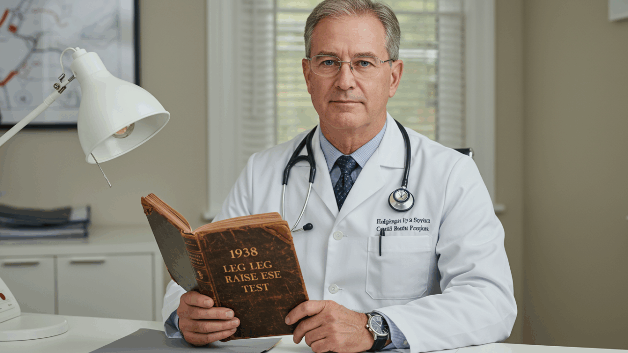 Prompt ảnh: “Professional cardiologist in white coat holding vintage medical book titled ‘1938 Leg Raise Test’, behind desk, stethoscope visible, respectful and credible expression, soft clinical lighting”