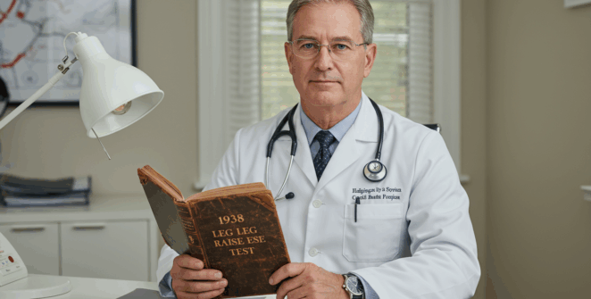 Prompt ảnh: “Professional cardiologist in white coat holding vintage medical book titled ‘1938 Leg Raise Test’, behind desk, stethoscope visible, respectful and credible expression, soft clinical lighting”