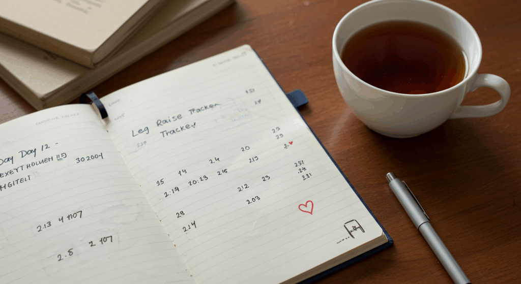 Prompt ảnh:
 “Close-up of handwritten notebook open to a page titled ‘Day 12 – Leg Raise Tracker’, with small hand-drawn heart symbol and dates, warm vintage desk setup, cup of tea beside”
