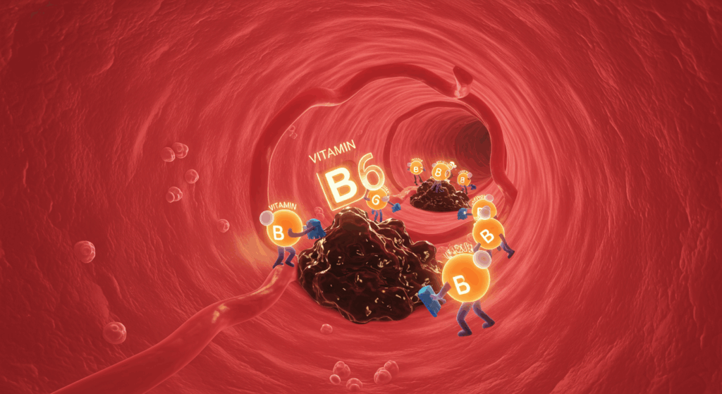 Prompt: Conceptual medical illustration: inside a human artery, which looks like a clean, pink tunnel. Tiny, glowing, heroic figures representing Vitamin B6 are actively scrubbing away dark, sticky plaque (homocysteine) from the artery walls. The scene is bright and optimistic. 3D render, high detail, symbolic.
