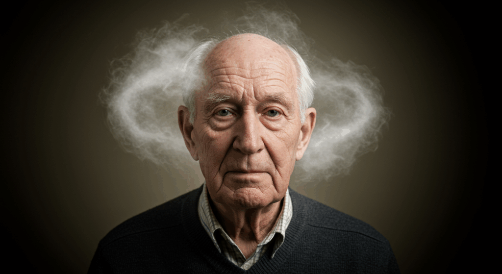 Prompt: Emotional portrait of a kind elderly man (Harold) with a look of confusion and mental fog. A physical, semi-transparent cloud or mist swirls around his head, symbolizing his memory loss and brain fog. Soft, diffused lighting, shallow depth of field, photorealistic, symbolic.
