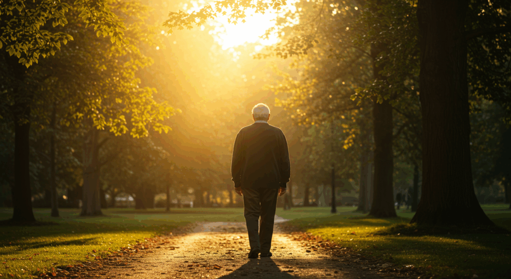 Prompt: A hopeful image of an elderly man (Harold) taking a peaceful morning walk in a beautiful park. Golden hour sunbeams are filtering through the trees, casting a warm glow on him. He has a calm, contented expression. Cinematic, warm tones, high dynamic range, photorealistic.

