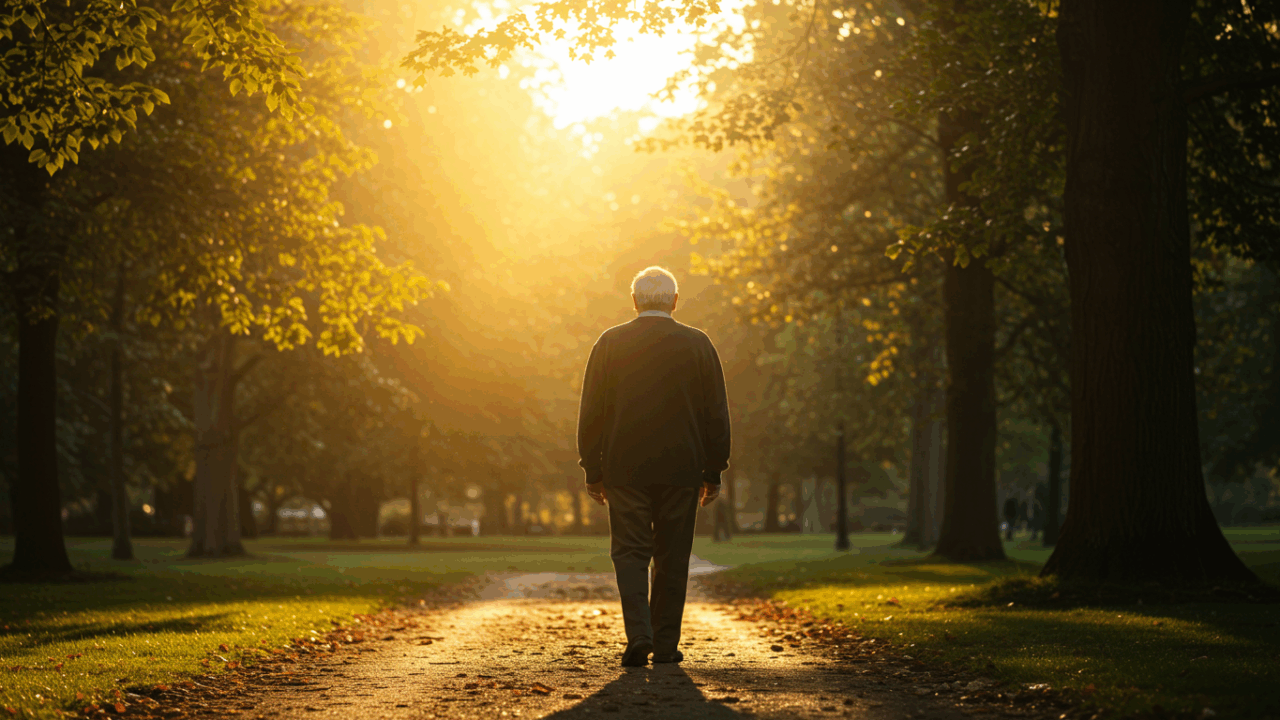 Prompt: A hopeful image of an elderly man (Harold) taking a peaceful morning walk in a beautiful park. Golden hour sunbeams are filtering through the trees, casting a warm glow on him. He has a calm, contented expression. Cinematic, warm tones, high dynamic range, photorealistic.