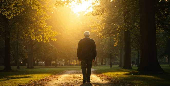 Prompt: A hopeful image of an elderly man (Harold) taking a peaceful morning walk in a beautiful park. Golden hour sunbeams are filtering through the trees, casting a warm glow on him. He has a calm, contented expression. Cinematic, warm tones, high dynamic range, photorealistic.