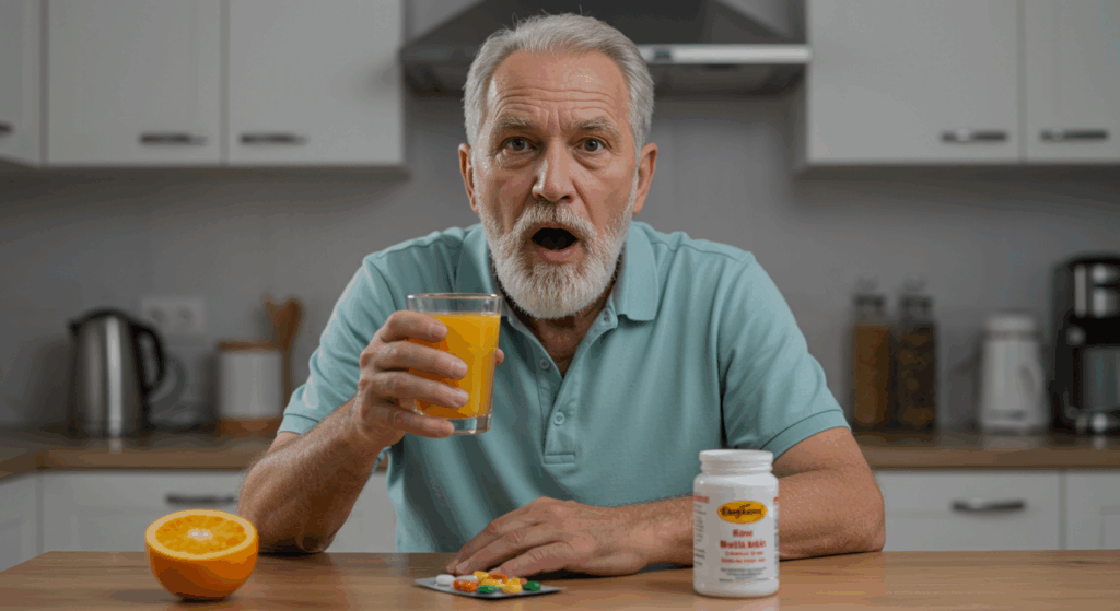 Prompt ảnh:
 “A senior man sitting at a kitchen table with a glass of orange juice and multivitamins, looking shocked and worried, soft morning light, emotional tone of realization and regret, photorealistic, health-focused scene”
