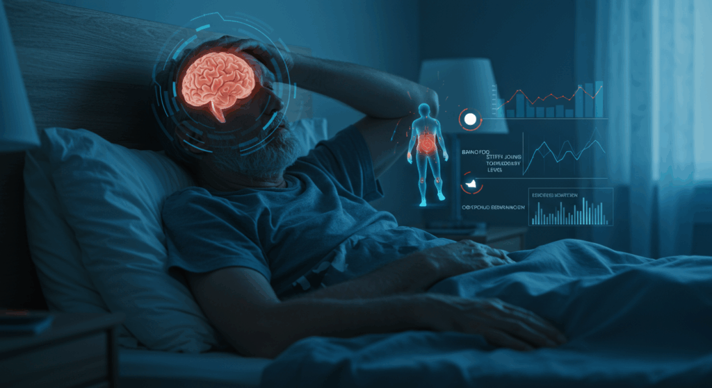 Prompt ảnh:
 “An elderly man waking up in bed looking disoriented and heavy-eyed, digital overlay showing brain fog, stiff joints, and high cortisol level indicators, muted blue lighting to represent early morning, photorealistic medical visualization.”
