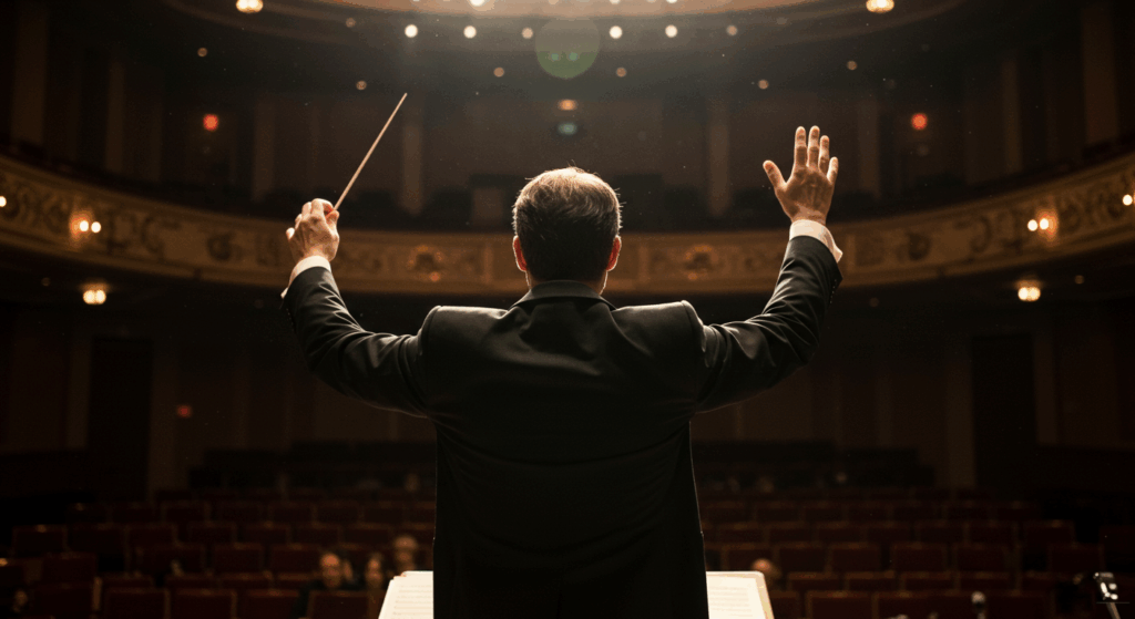 Prompt: Dramatic, cinematic shot from behind a conductor in a tuxedo. His arms are raised, ready to lead an orchestra in a grand concert hall. He is silhouetted against the bright stage lights, his identity hidden. The mood is one of suspense and anticipation. High contrast, dramatic lighting, 8k.
