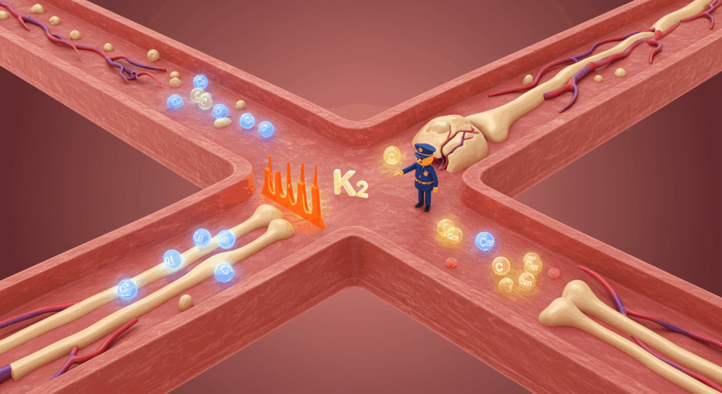 Prompt: High-quality 3D infographic. Inside the body, at a crossroads between an artery and a bone, a tiny, authoritative figure representing Vitamin K2 is dressed as a traffic cop. He is actively directing glowing calcium particles towards the bone and blocking them from entering the artery. Clear, bright, educational style.
