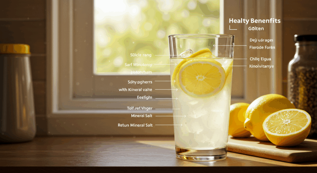Prompt ảnh:
 “Close-up of a large glass of warm lemon water with mineral salt beside a window, golden sunlight streaming in, peaceful kitchen backdrop, labeled infographic style with health benefits listed, high detail, wellness-focused imagery”
