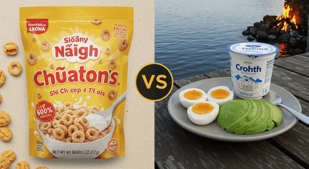 Prompt ảnh:
 “Split image: on one side a sugary breakfast cereal with bright packaging, on the other side a plate of boiled eggs, avocado, and Greek yogurt, with fire vs calm lake metaphor illustrated in the background, dramatic lighting, clear contrast, photorealistic”
