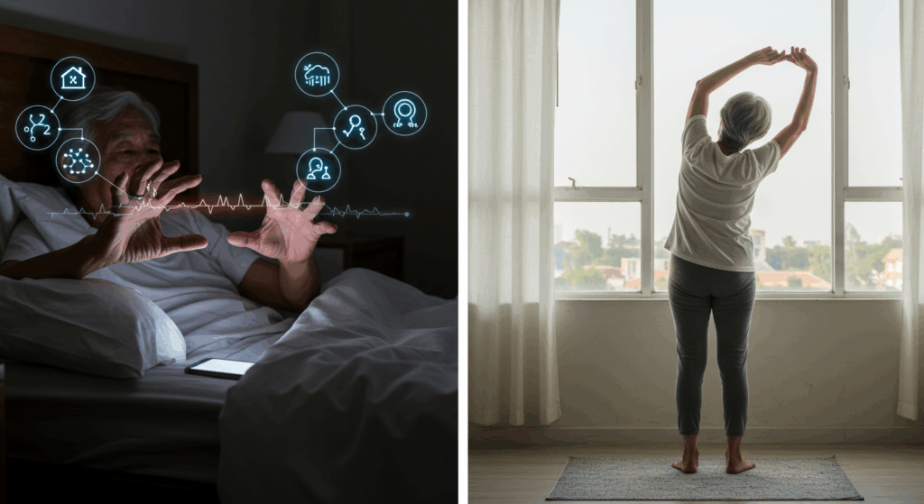 Prompt ảnh:
 “A senior person in bed reaching for a phone in a dark room, visual overlay of cortisol hormone spike and stress icons, vs another image of the same person stretching calmly near a window with soft morning light, photorealistic comparison design”
