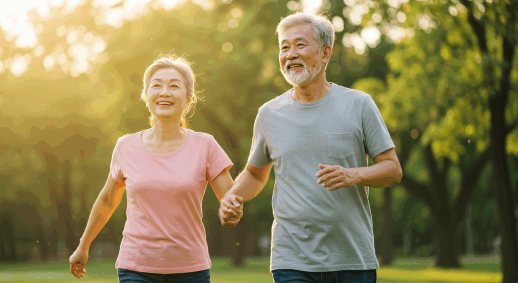 Prompt ảnh:
 “An energetic senior couple walking outdoors with vitality, glowing skin, and peaceful smiles, the background of sunrise in a park, the concept of freedom, control, and a second chance after 60, cinematic style, warm tones, high realism”
