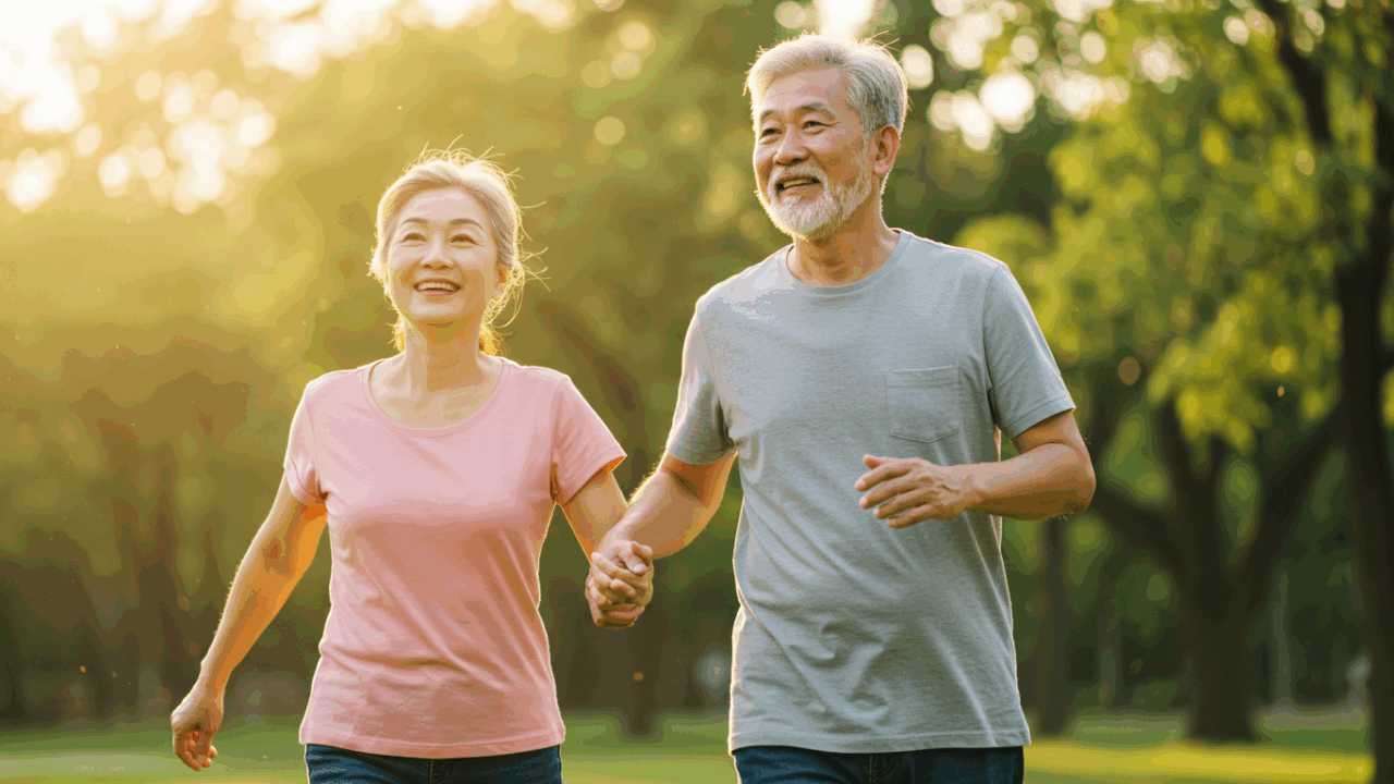 Prompt ảnh: “An energetic senior couple walking outdoors with vitality, glowing skin, and peaceful smiles, the background of sunrise in a park, the concept of freedom, control, and a second chance after 60, cinematic style, warm tones, high realism”