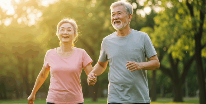 Prompt ảnh: “An energetic senior couple walking outdoors with vitality, glowing skin, and peaceful smiles, the background of sunrise in a park, the concept of freedom, control, and a second chance after 60, cinematic style, warm tones, high realism”