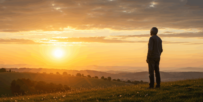 An emotional, photorealistic, wide-angle shot. A healthy and revitalized 76-year-old man stands on a gentle hill, facing a magnificent, warm sunrise. His posture is relaxed but strong, taking a deep, peaceful breath. The image is filled with the golden light of dawn, symbolizing a new beginning, hope, and freedom from fear.