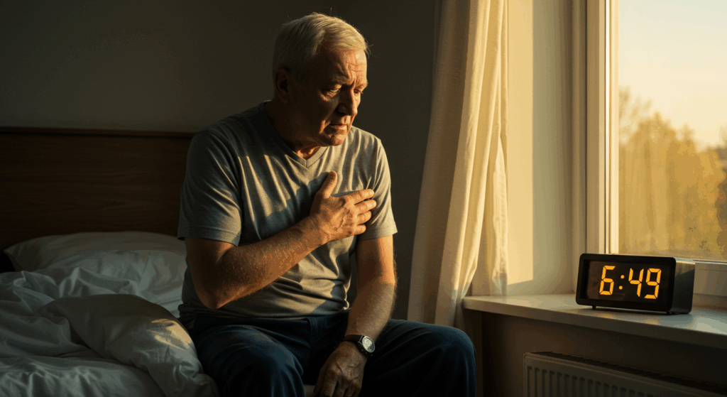 Prompt: A senior man (around 70s) sitting on the edge of his bed at dawn, soft golden light peeking through the window. His face looks tired and slightly anxious, holding his chest gently. A clock shows 6:45 AM. Photorealistic, cinematic lighting, emotional depth, dramatic tone. 