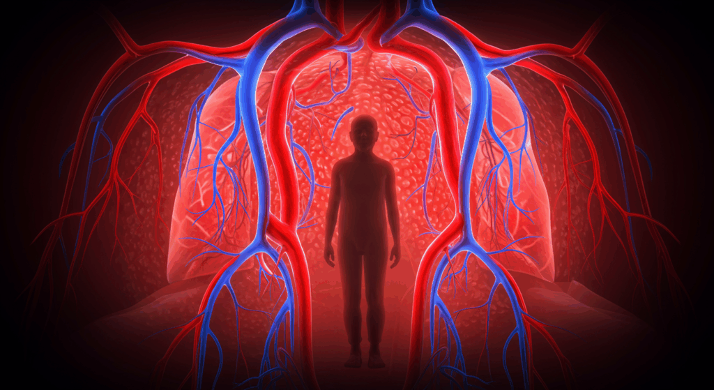 Prompt:
 An internal illustration showing arteries tightening, blood rushing upward in red-blue streaks. Overlay a faint outline of an elderly figure standing up from bed. Conceptual, anatomical + emotional style, glowing red tones, danger.
