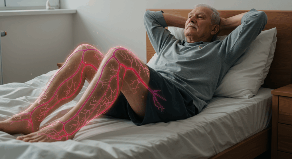 Prompt:
 An elderly man was still lying in bed with his hands behind his head, looking at the ceiling. Blood flow illustration faintly appears overlaying his legs. Subtle symbol of circulation issues. Realistic soft morning light, quiet mood.
