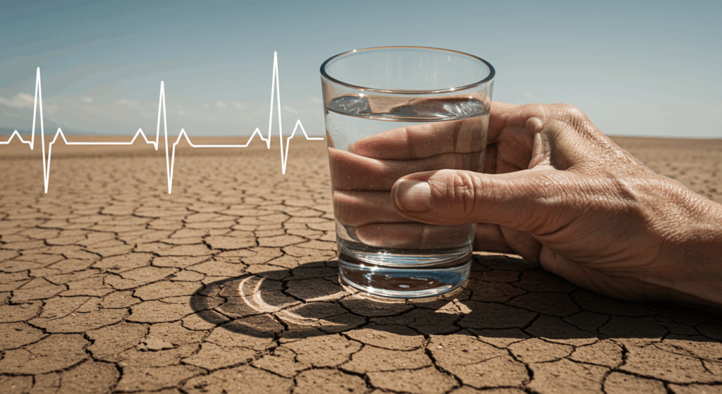 Prompt ảnh:
 “Close-up of elderly person’s hand holding a dry water glass with cracked desert background behind it, symbolizing dehydration, subtle heart rate graph overlay – surreal style, symbolic lighting”
