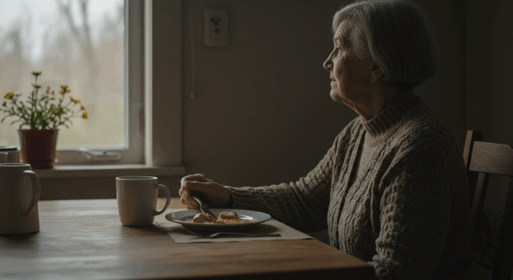 Prompt:
 A breakfast table with only a coffee mug. A senior woman looks out the window with an empty plate in front of her. The atmosphere is distant and hollow. Soft-focus, morning light, documentary style.
