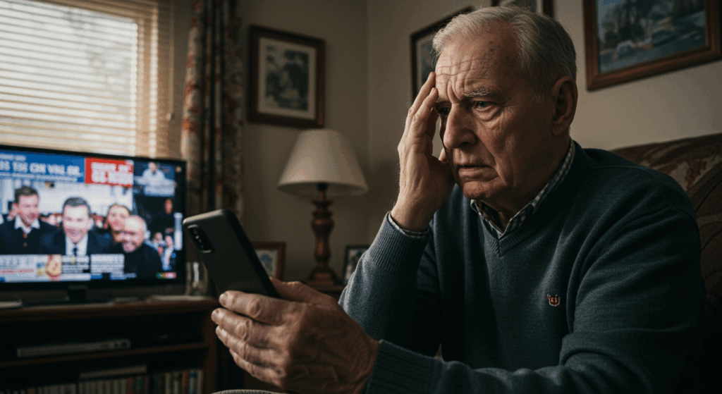 Prompt:
 An elderly man holding a smartphone, his face filled with worry. The TV in the background shows flashing news headlines. The mood is tense, morning light coming through the blinds. Photojournalistic style, subtle drama.
