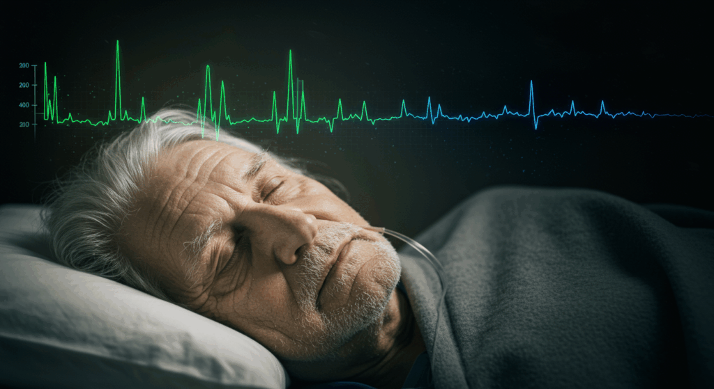 Prompt ảnh:
 “Elderly person sleeping on their back, shadowy figure of apnea monster looming over, oxygen level graph fading into darkness – intense dramatic composition, medical-surreal realism”
