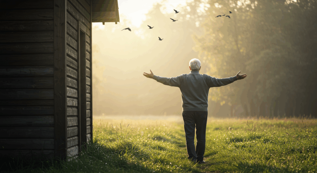 Prompt:
 An elderly man walking out of his home into soft morning sunlight, stretching arms wide. Peaceful expression, birds flying overhead, nature around him. Symbol of a new beginning. Cinematic sunrise, warm tone, inspiring atmosphere.
