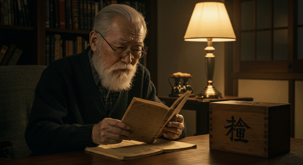 Prompt:
An old, wise 78-year-old man with kind eyes and a grey beard, sitting in a dimly lit, cozy study. He is gently holding open an old, weathered Japanese journal from 1939. On the table next to him is an antique wooden box with the Japanese character for "Silence" (静) carved on it. The mood is intimate, mysterious, and full of wonder. Cinematic, warm lighting from a single lamp, creating deep shadows. Photorealistic, hyper-detailed, 8K.

