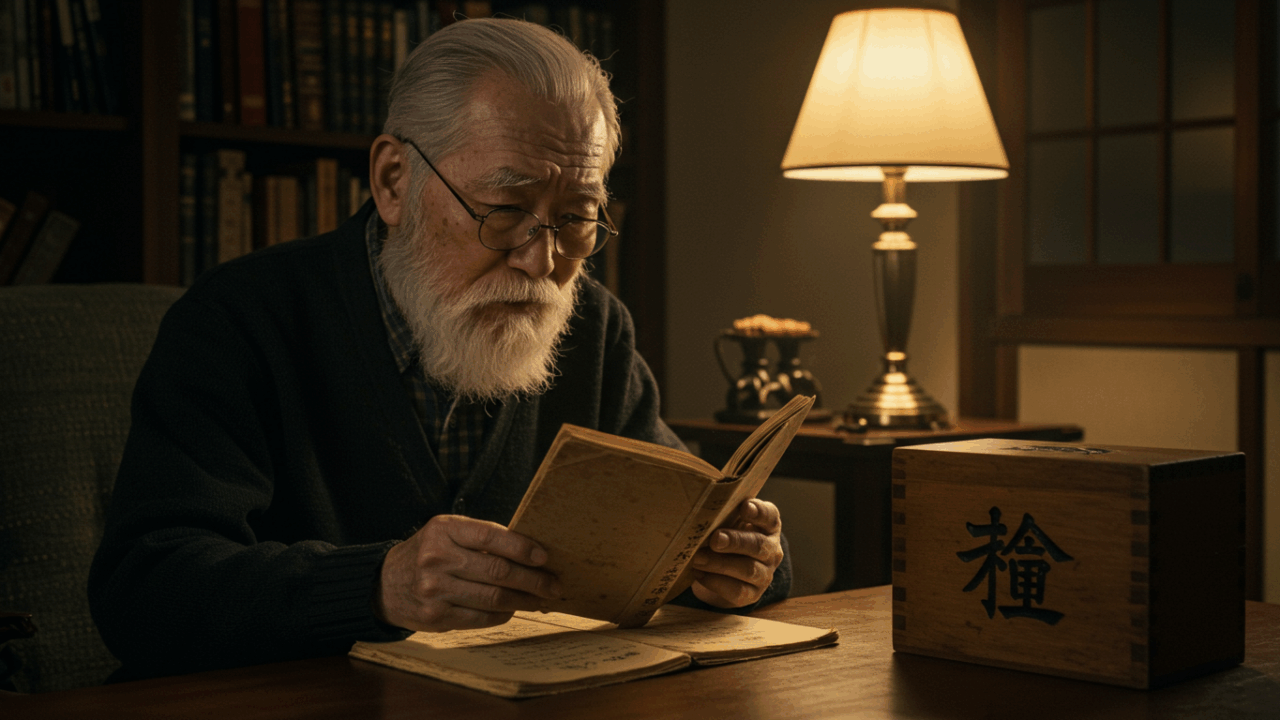 Prompt: An old, wise 78-year-old man with kind eyes and a grey beard, sitting in a dimly lit, cozy study. He is gently holding open an old, weathered Japanese journal from 1939. On the table next to him is an antique wooden box with the Japanese character for "Silence" (静) carved on it. The mood is intimate, mysterious, and full of wonder. Cinematic, warm lighting from a single lamp, creating deep shadows. Photorealistic, hyper-detailed, 8K.