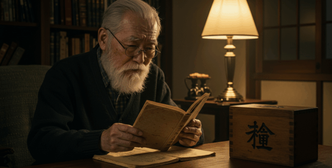 Prompt: An old, wise 78-year-old man with kind eyes and a grey beard, sitting in a dimly lit, cozy study. He is gently holding open an old, weathered Japanese journal from 1939. On the table next to him is an antique wooden box with the Japanese character for 
