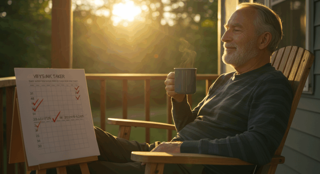 Prompt:
A 78-year-old man sits peacefully on his wooden porch swing at sunrise. He holds a warm mug of coffee, a gentle smile on his face, his eyes closed in quiet contemplation. The morning light is soft and golden, casting long shadows. In the foreground, slightly out of focus, is a simple printed tracker sheet with days being ticked off. The atmosphere is serene, hopeful, and restorative. Photorealistic, cinematic, shallow depth of field, 8K.

