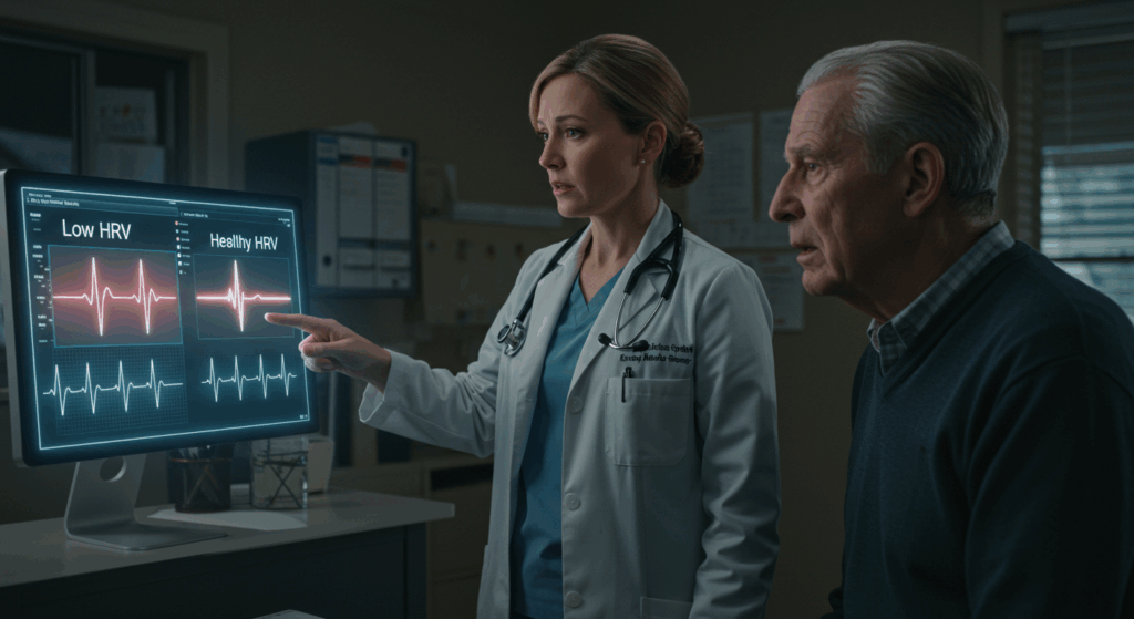 Prompt:
A compassionate female doctor in her late 40s points to a glowing monitor showing two EKG graphs. One graph is a rigid, unhealthy line labeled "Low HRV." The other is a flexible, dynamic, healthy rhythm labeled "Healthy HRV." A worried, 78-year-old man looks on with a mix of fear and dawning understanding. The doctor's office is modern but has a warm, reassuring feel. Cinematic, clean lighting. Photorealistic, emotional, and focused on the expressions.

