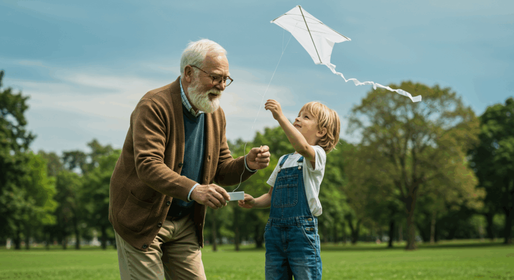 Prompt:
A wise, kind grandfatherly figure (78 years old) gently helps his 7-year-old grandson get a paper kite to fly in a green park. The kite is just beginning to catch the wind and lift into the sky. The shot is from a low angle, looking up at them against the backdrop of a soft blue sky with a few wispy clouds. The mood is symbolic of hope, legacy, and gentle guidance. Cinematic, heartwarming, full of emotion. Photorealistic.

