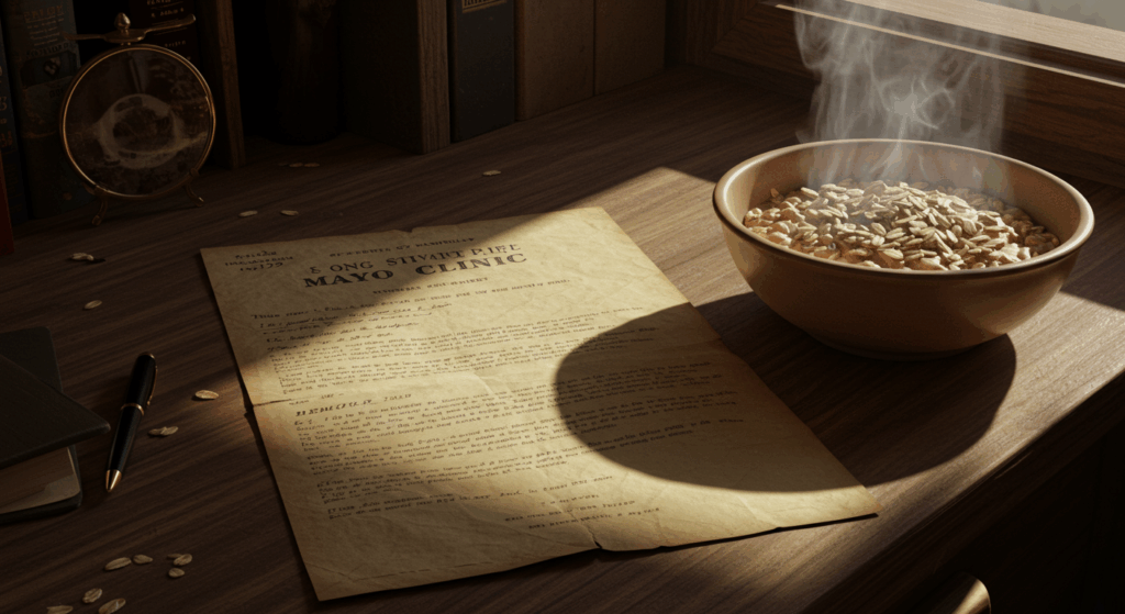 Prompt ảnh: Vintage medical archive illustration, old yellowed Mayo Clinic paper from 1929 on a wooden desk, next to a steaming bowl of oat bran. Warm light from a nearby window. Nostalgic, emotional tone, soft shadows. Realistic, cinematic composition. 