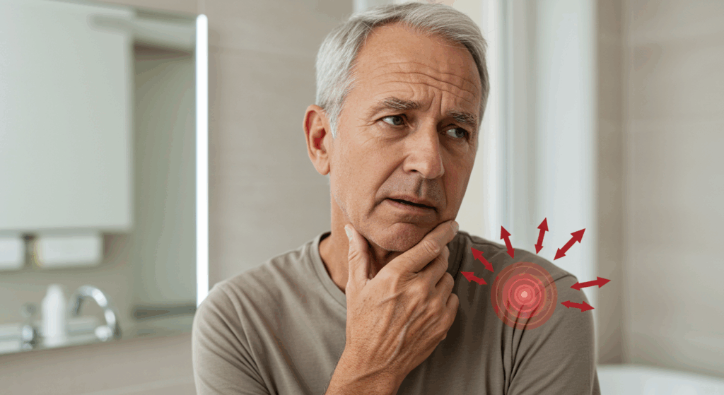 An older man is touching his jaw and shoulder at the same time, looking puzzled. He’s in a bathroom mirror or sitting on a recliner. Overlay arrows showing referred pain from the heart to the jaw/shoulder area.
