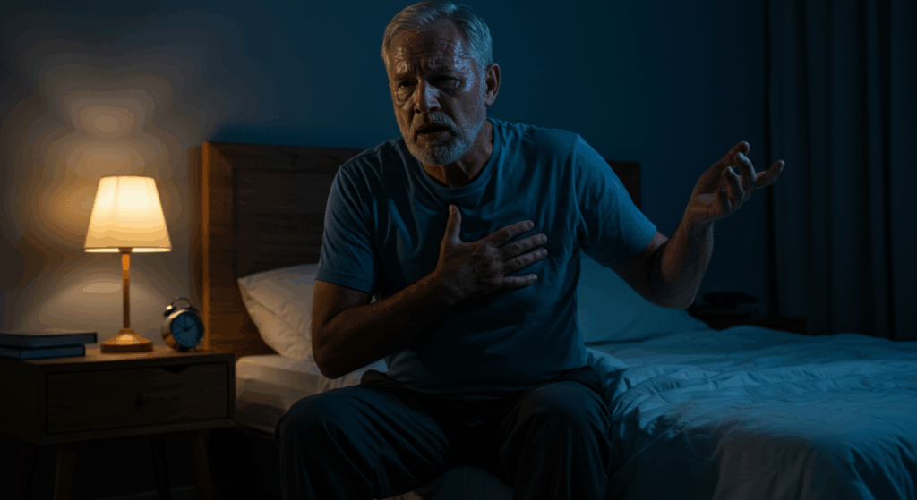A 76-year-old American man sitting on the edge of his bed at 3 a.m., drenched in cold sweat, hand on his chest, looking confused and anxious. Dim bedroom lighting, moody atmosphere, subtle heart attack warning theme.