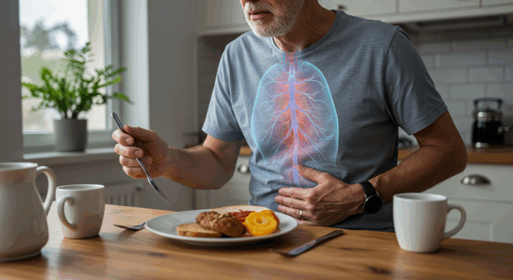 A senior man pushes away his breakfast plate, holding his stomach with a slightly queasy expression. Dining table with minimal food. Vagus nerve representation (soft overlay glow between chest and stomach).
