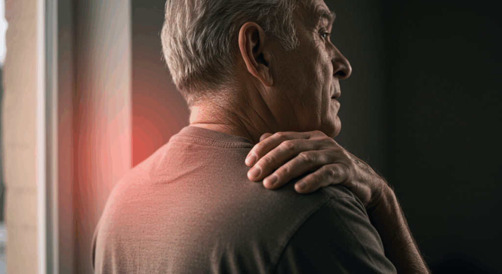 A close-up of an elderly man rubbing his upper back or neck while standing near a window. He looks confused and uneasy. Highlight the left shoulder/back area with a subtle red glow.
