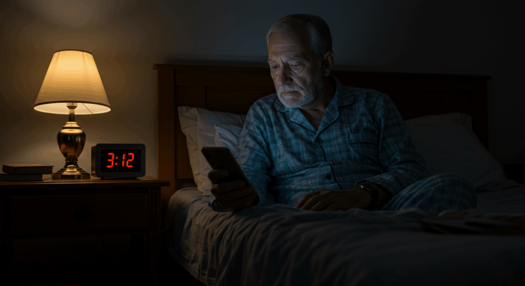  “An elderly man sitting alone at night, in pajamas, dim bedroom light, staring quietly at his phone with a tired expression. The clock on the nightstand shows 3:12 AM. Mood is heavy, introspective. Visual style: cinematic, realistic lighting.”