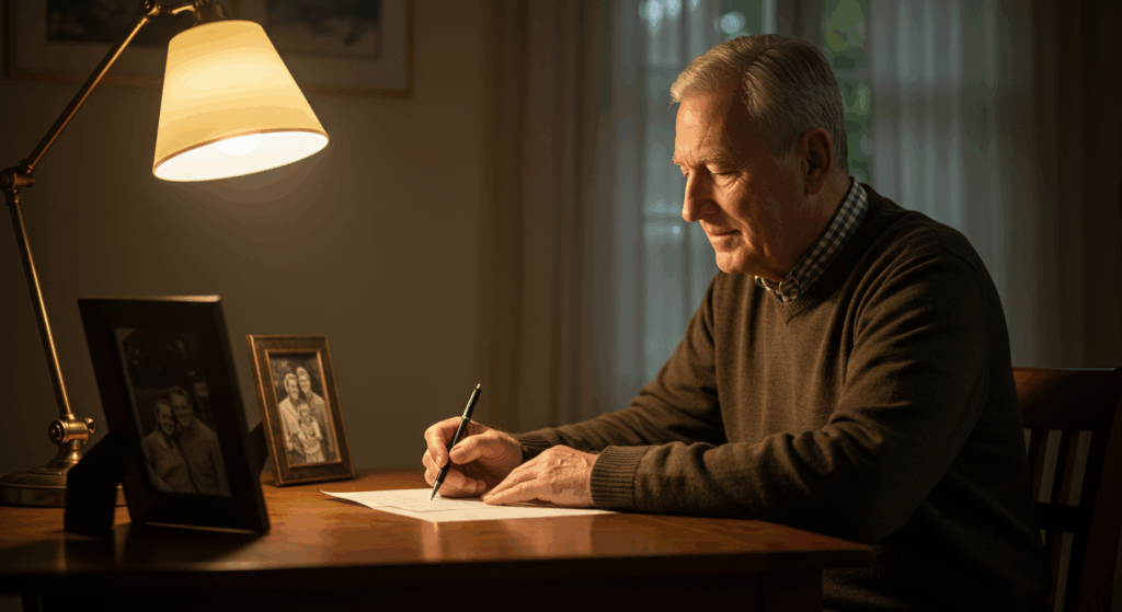 A senior man (Harold) sitting at a desk writing a letter or looking at a photo of his family, expressing gratitude and contemplation. Warm lighting, peaceful interior, end-of-journey feeling.
