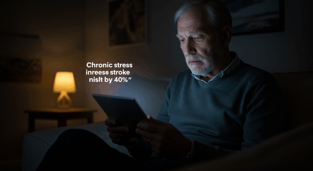 Prompt:
 “Senior mann reading health articles on a tablet late at night, a concerned look on his face. Overlay text or screen shows phrase: ‘Chronic stress increases stroke risk by 40%.’ Soft lighting, warm shadows, focus on emotion and reflection.”
